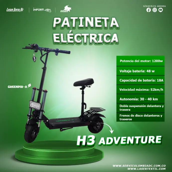 [H3-1200W] Patineta Eléctrica Greenpir-A ADVENTURE H3 1200W DUAL MOTOR