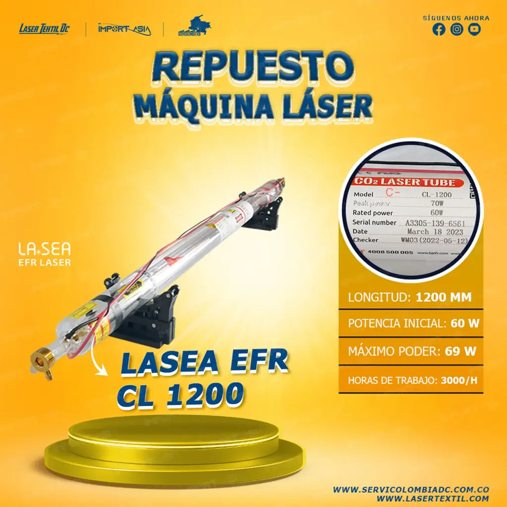 [EFRCL1200-60W] Tubo láser Co2 60w EFR CL1200