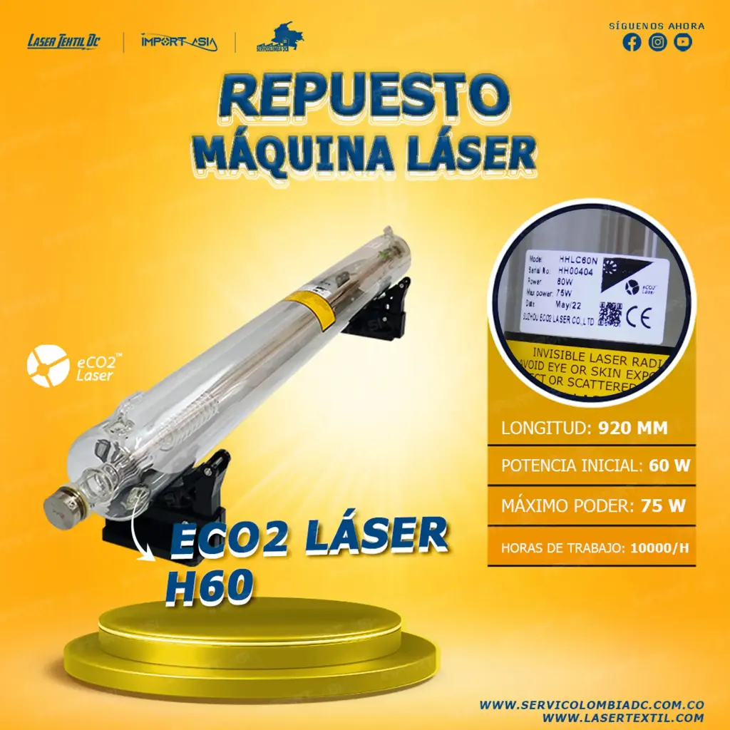 [ECOH60-60W] Tubo láser Co2 60w ECO2 láser H60