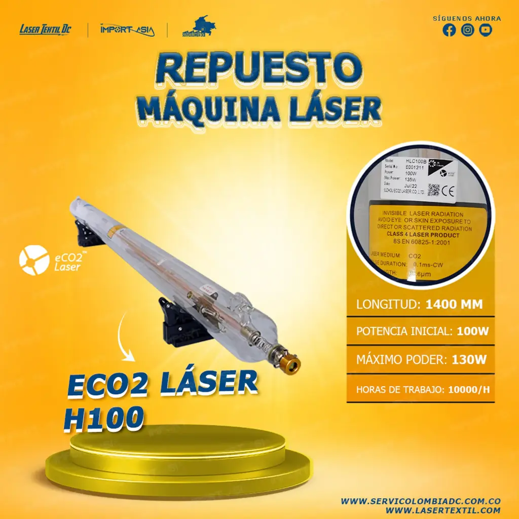 [ECOH100W] Tubo láser Co2 100w Eco2 láser H100