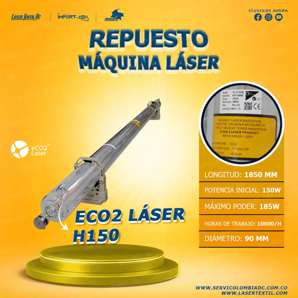 [ECOH150-150W] Tubo láser Co2 150w Eco láser H150