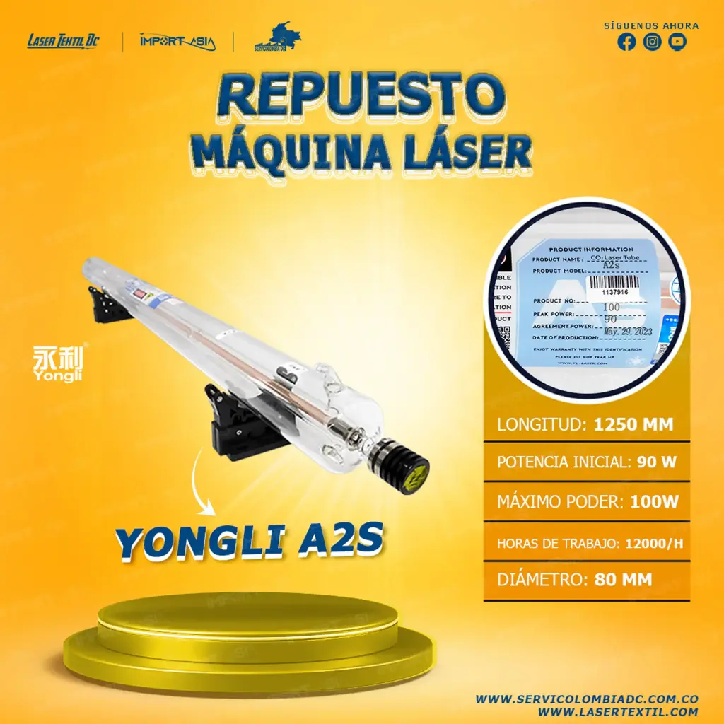 [YONGLIA2S-90W] Tubo láser Co2 90w Yongli A2S