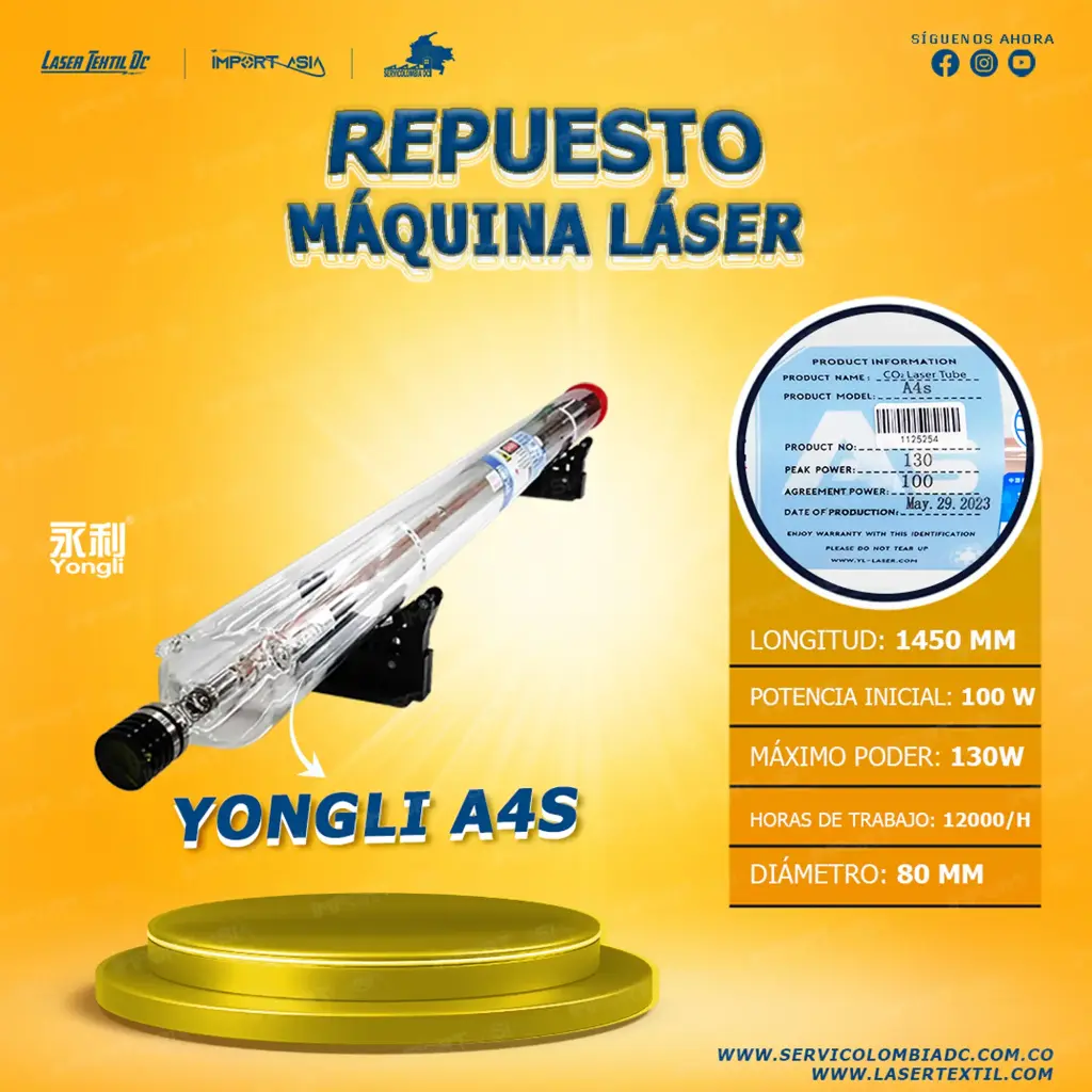 [YONGLI-A4S] Tubo láser Co2 100w Yongli A4S