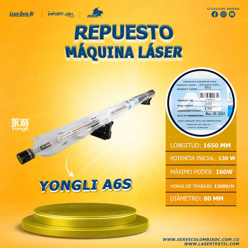 [YONGLI-A6S] Tubo láser Co2 130w Yongli A6S